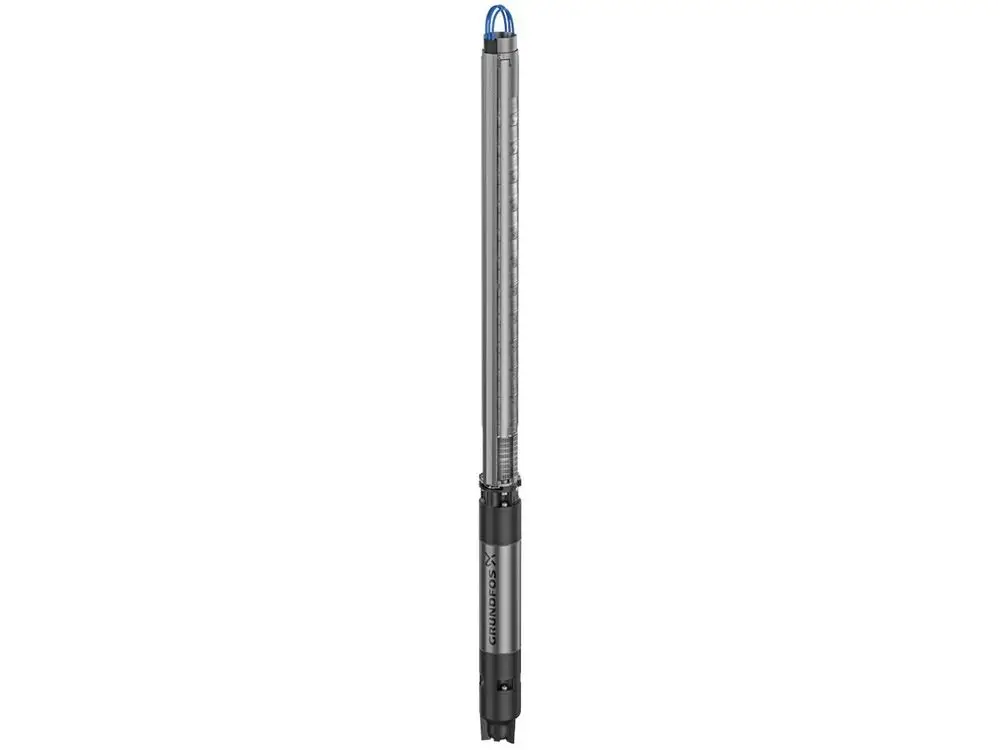 Vertikale Unterwasserpumpe von Grundfos in silberner und schwarzer Ausführung mit einem blauen Element am oberen Ende.